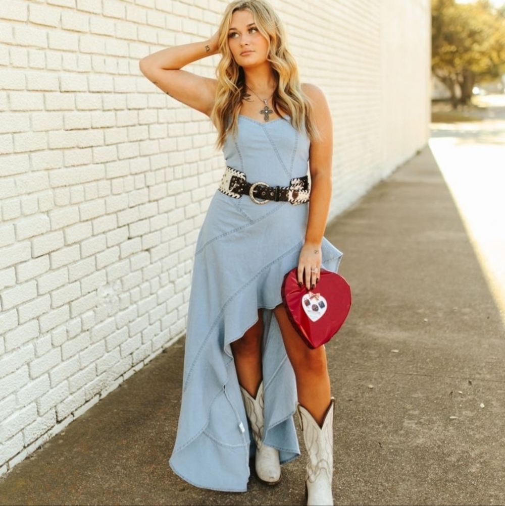 NEW LUCKY AND BLESSED Blue Denim Ruffel Stretch Dress